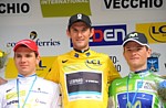 Le podium final du Crit�rium International 2011: Taaramae, Schleck, Kyrienka